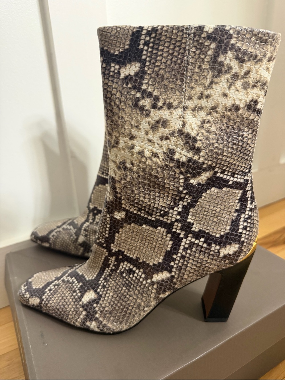 Franco Sarto Snake-Print Ankle Boots in Beige and Brown
